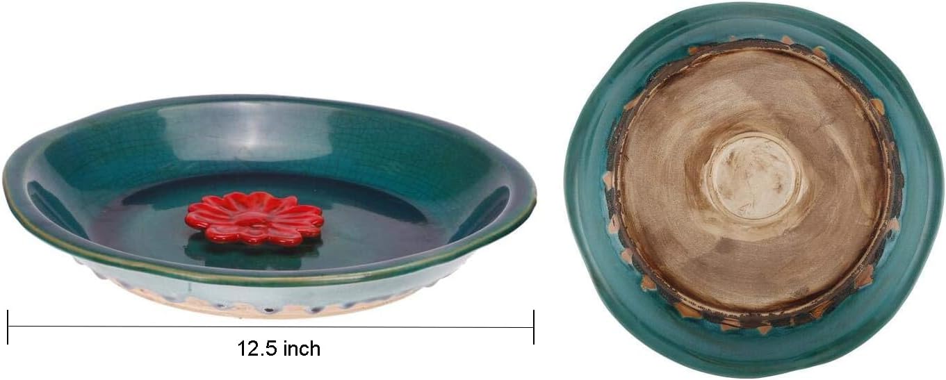 Topadorn Birdbath Ceramic Bowl Decor for Bee Bird Bath Outdoor Garden Vintage Yard,Blue with Red Flower