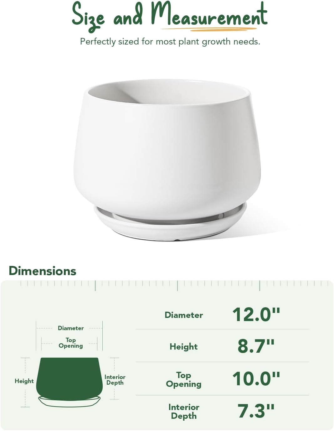 LE TAUCI Ceramic Planters, 12 Inch Pots for Plants, Plant Pots with Drainage Holes and Saucers, Durable and Modern, Planters for Indoor Plants, White