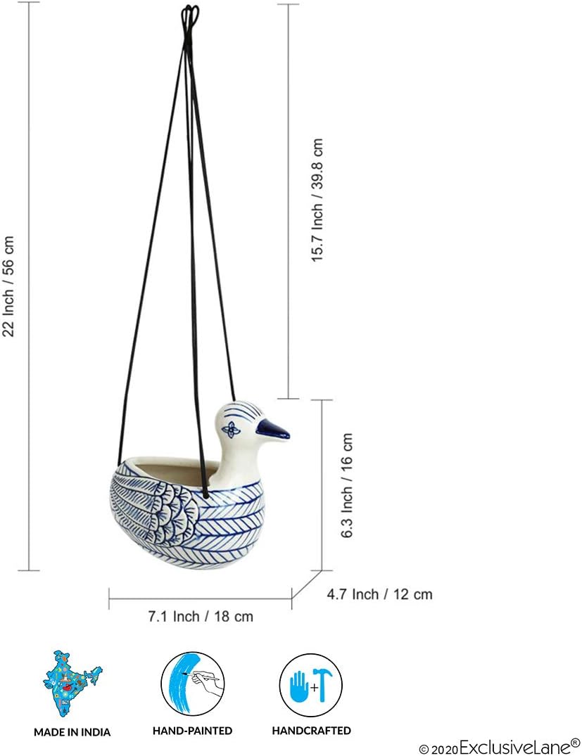 ExclusiveLane Duck' Hand-Painted Ceramic Hanging Planters for Indoor, Outdoor Plants, Flowers | Hanging Planter for Balcony, Home Décor, Garden, Living Room (Indigo Blue & White)