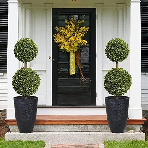 WORTH Garden 21" H Tall Planters 2 Pack - 14'' Dia Resin Large Round Black Flower Pots for Outdoor Plants Trees - Imitation Stone Finish Plastic Indoor Front Porch 9 Gallon Decorative Container Patio