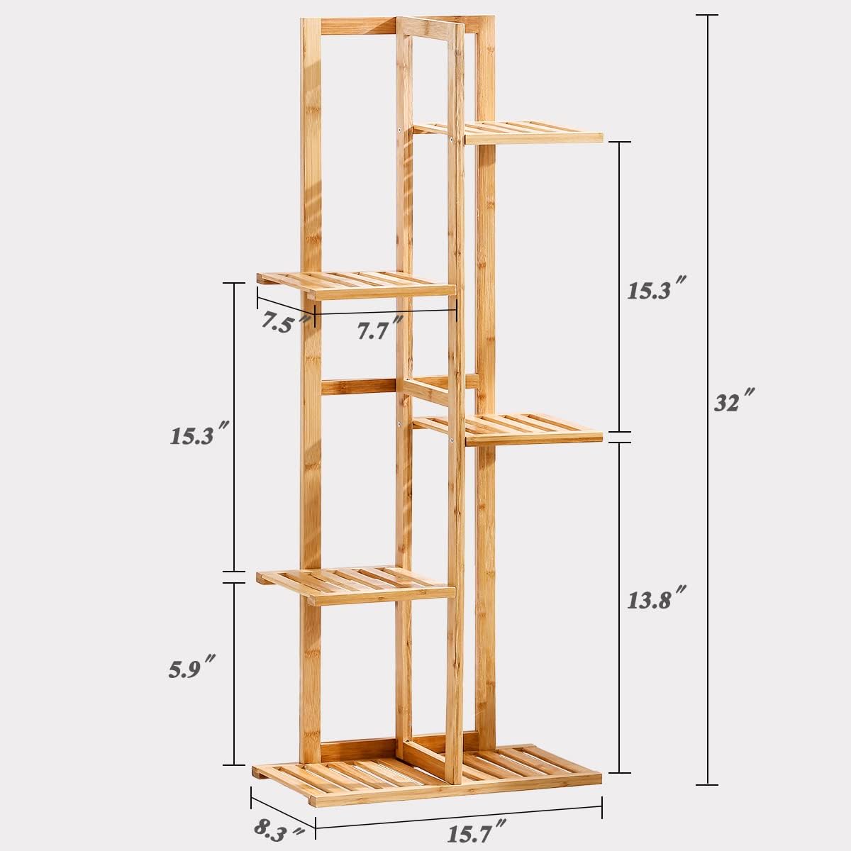 Bamboo 5 Tier 6 Potted Plant Stand Rack Multiple Flower Pot Holder Shelf Indoor Outdoor Planter Display Shelving Unit for Patio Garden Corner Balcony Living Room