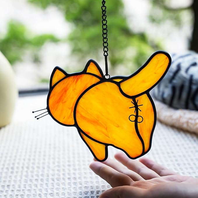 Orange Cat Decor Stained Glass Suncatcher for Window,Funny Cat Gifts for Cat Lovers Stained Glass Window Hanging,Cat Themed Gifts Cat Lovers Gifts for Women Girls Friends Mom