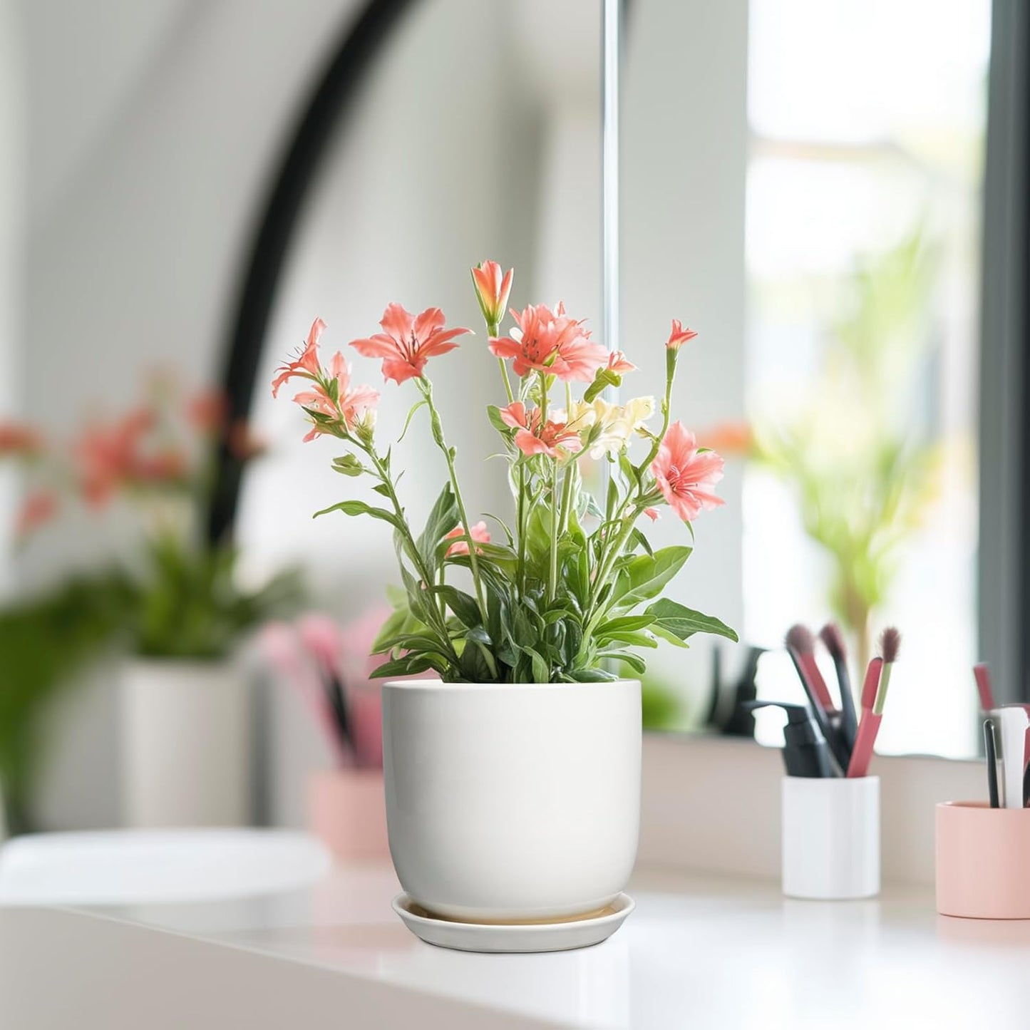 Indoor Plant Pot 5 Inch - Round Ceramic Planter for Succulent Plants with Drainage Hole and Saucer, Modern Home Decor, White