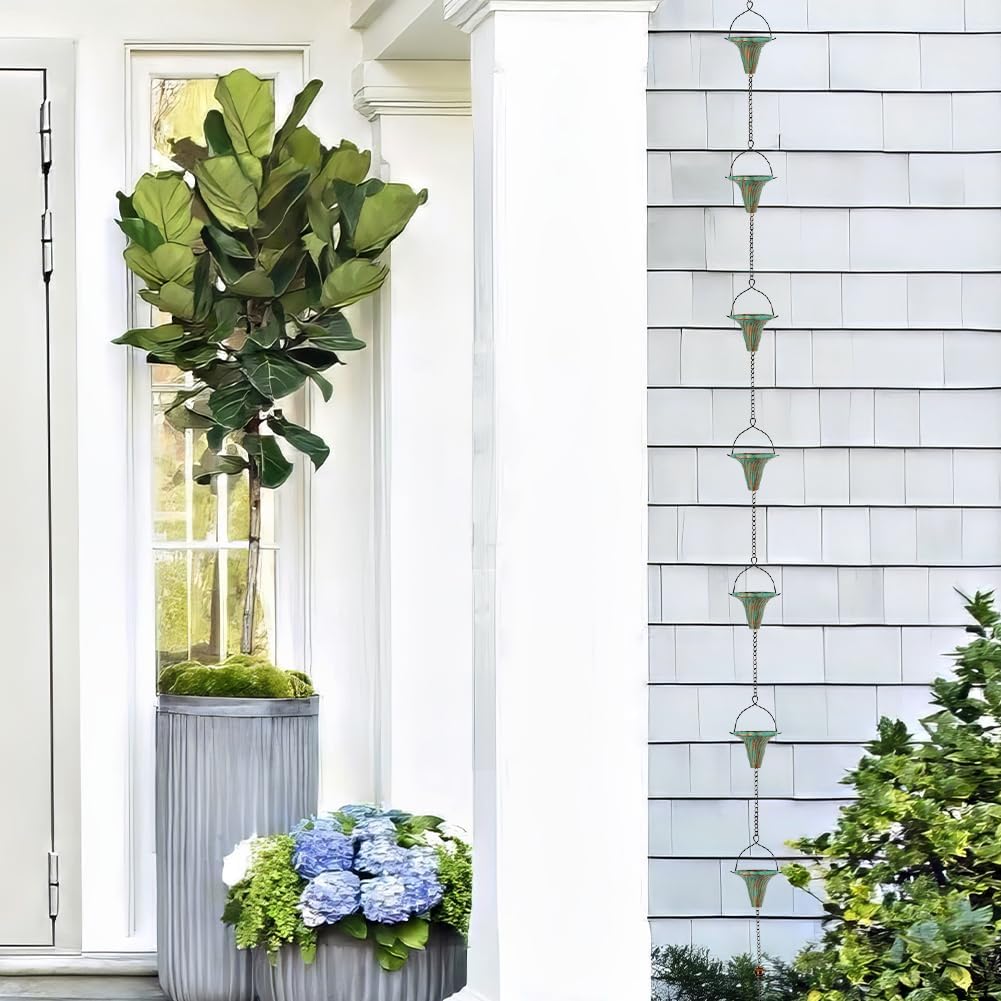 10 Ft Rain Chains for Gutters, Metal Rain Catcher Chain for Eaves Drainage, Rain Gutter Chains with 10 Green Funnel Cups, Adjustable Rain Chain for Outdoor Decor