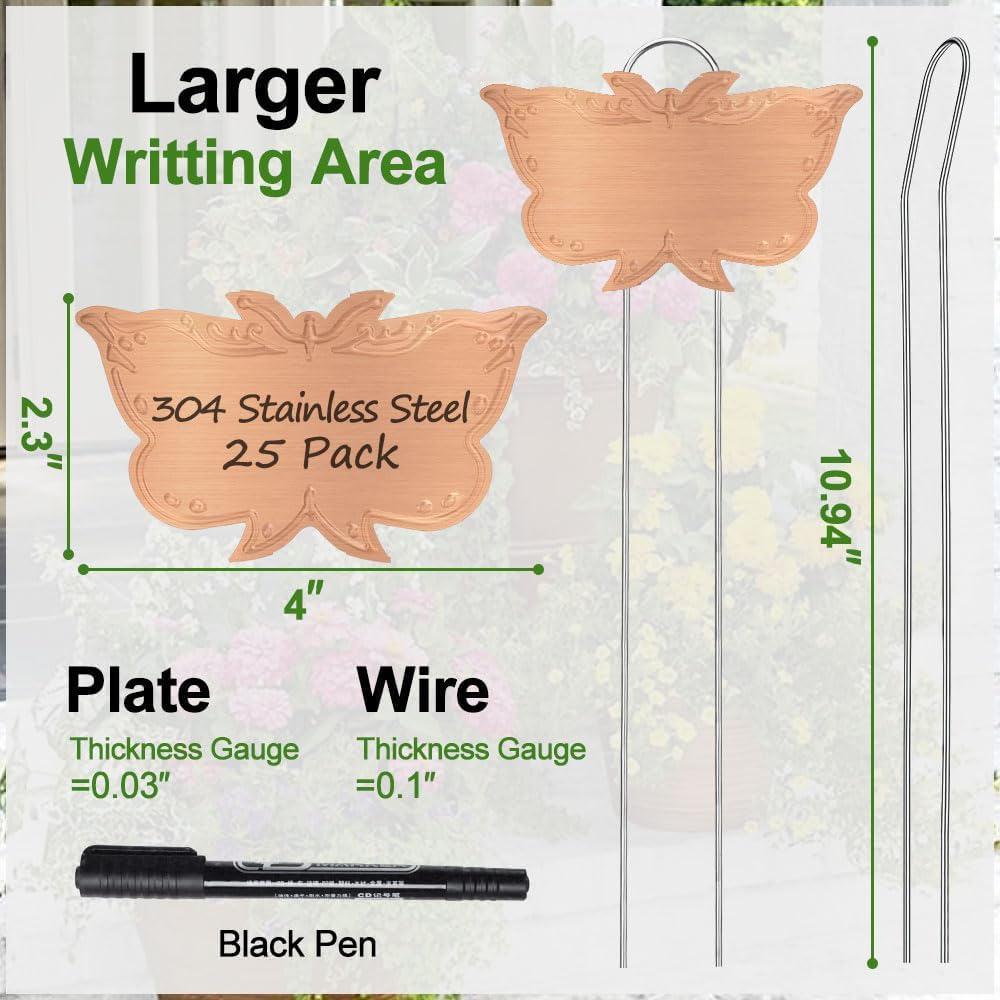 Metal Plant Labels, Tall Outdoor Butterfly Garden Markers for Flowers, Fruits and Vegetables, 304 Stainless Steel Weatherproof Signs (25 Packs, 4" x 2.3", Gold Butterfly Design)