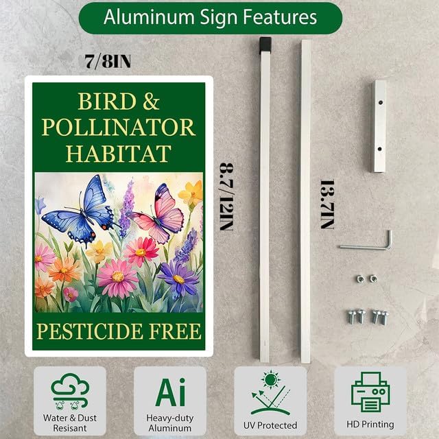 Bird and Pollinator Habitat Pesticide Free Yard Sign With Stakes 7x9.8 inches Rustproof Reflective Aluminum Pollinator Friendly Garden Sign Stand Butterfly Outdoor Decor