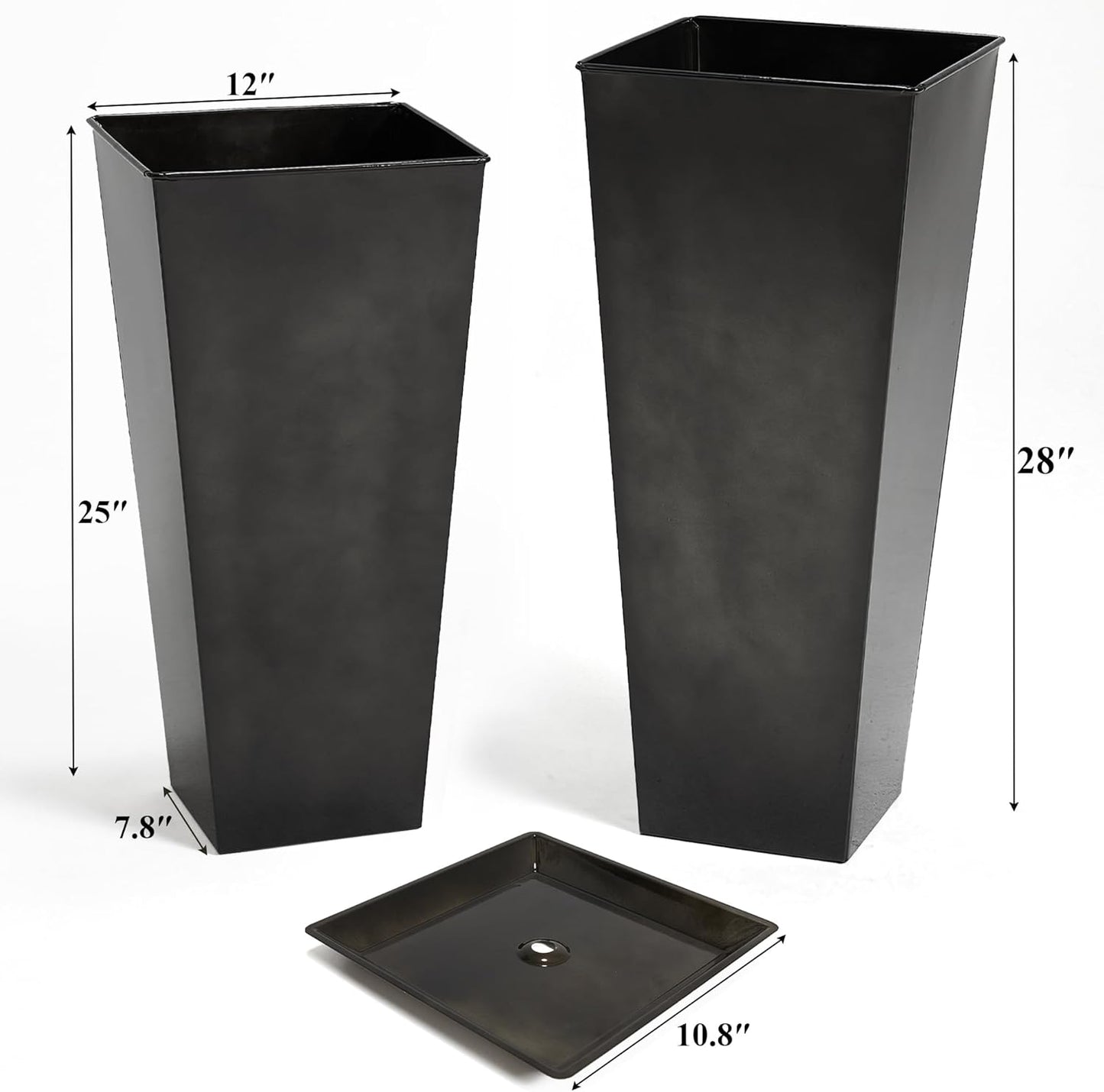 Worth Garden Large Metal Glazed Planter Set of 2 (25" + 28"), Luxurious Glossy Finish Black Tall Square Tapered Steel Plant Pot, Decor Flower Pot Indoor & Outdoor, Drainage Hole & Dual-Purpose Saucer
