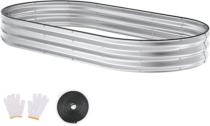 Raised Garden Bed, 8x4x1ft Galvanized Outdoor Planter Beds with Safety Edging and Gloves, Oval Metal Planter Box for Gardening Vegetables Flowers Herb