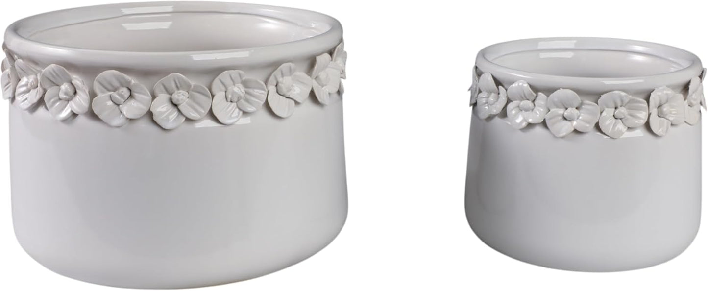 Decorative Flower Pot for Home Decor – Ceramic Indoor or Outdoor Planter with Sculpted Floral for Succulents or Houseplants – Pot for Plants for Garden, Patio, or Room Decor; Set of 2 – 7", 6" White