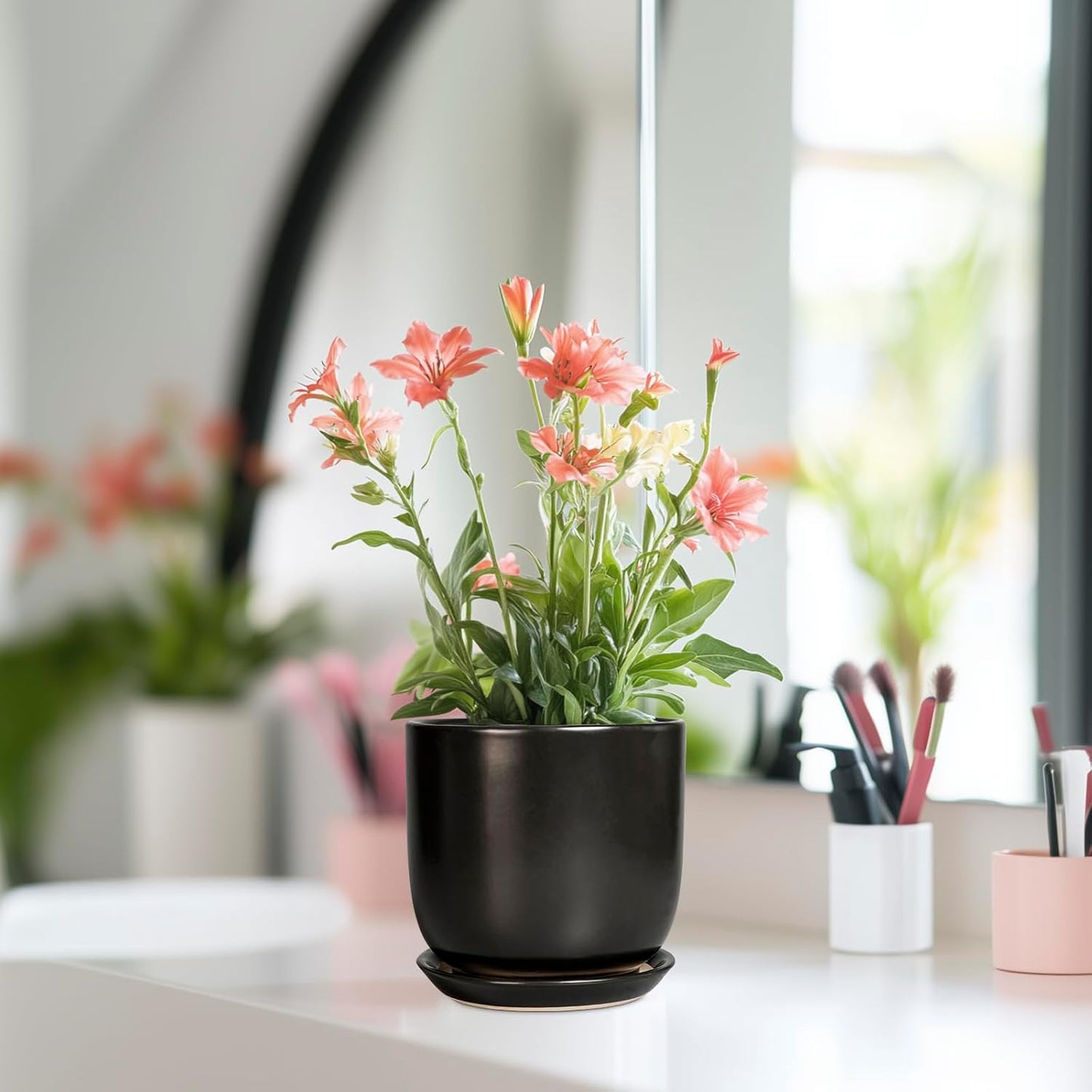 Ceramic Pot for Plants 5 Inch - Modern Round Indoor Planter for Cactus Succulent Plants with Drainage Hole and Saucer, Home Room House Office Decor, Black