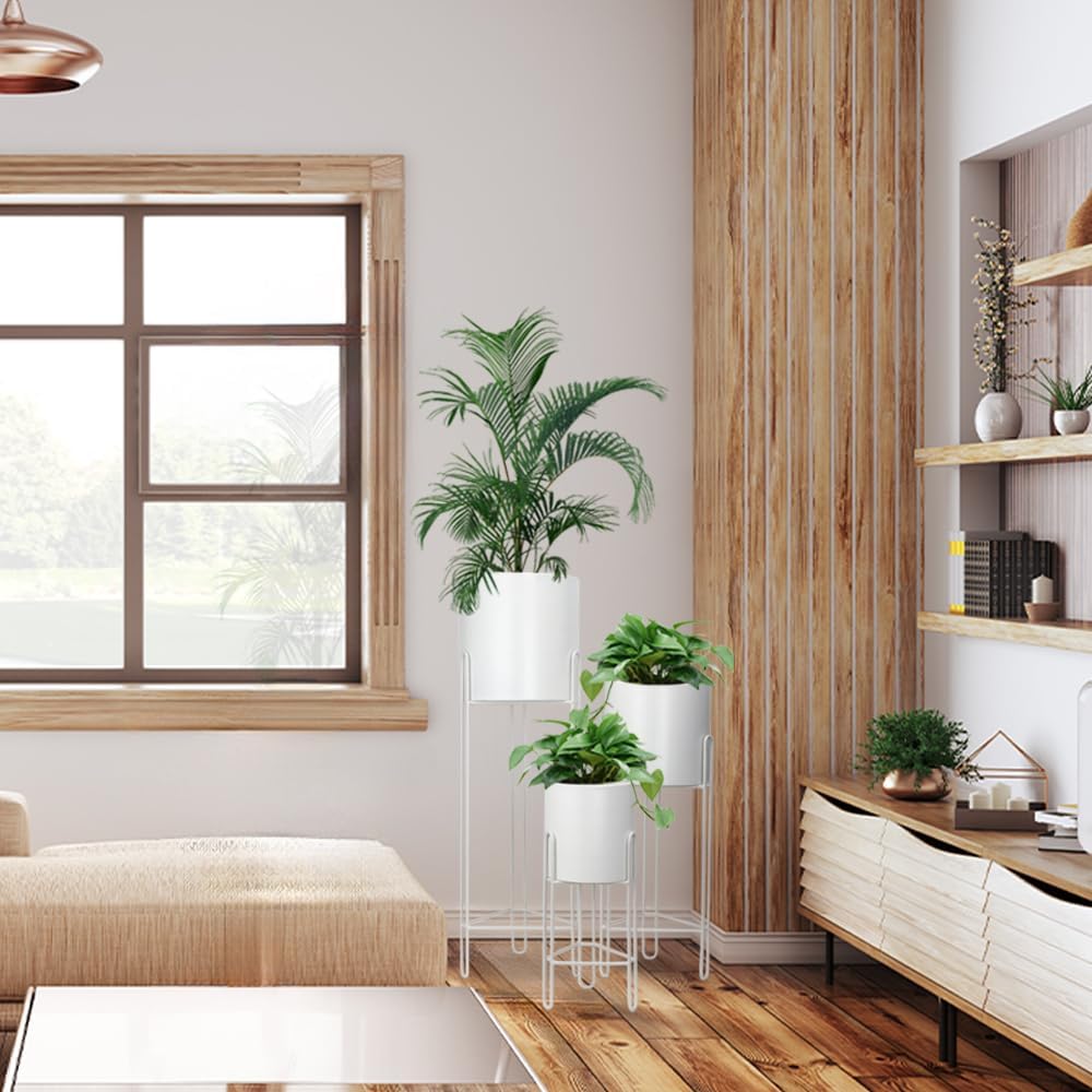 TRIROCKS Set of 3 Planters with Stand Indoor Otdoor Tall Planters for Indoor Plants 29 &22 &12" Morden Planters Flower Pots for Living Room Corner Kitchen Office Garden Balcony Patio Decor(White)