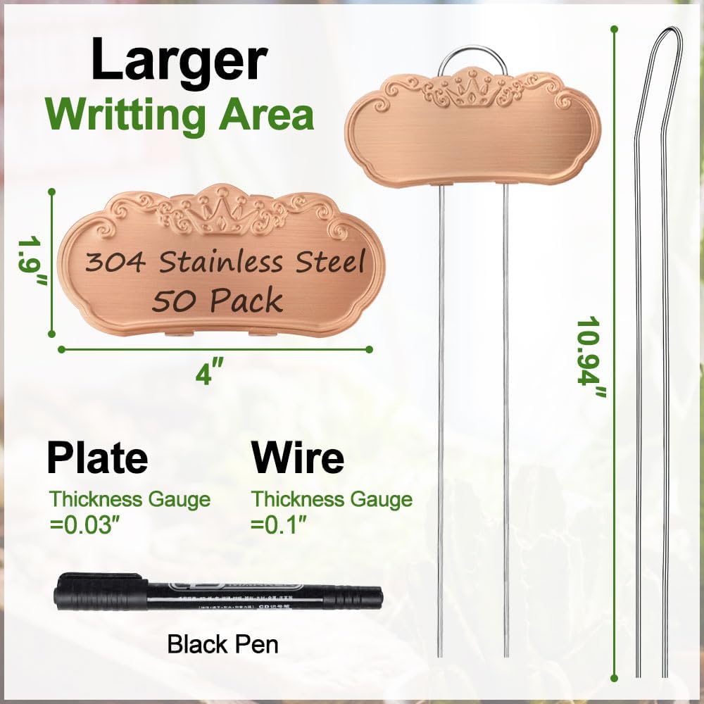 50 Packs Metal Plant Labels, Tall Outdoor Garden Markers for Flowers, Fruits and Vegetables, 304 Stainless Steel Weatherproof Signs (4" x 1.9", Gold)