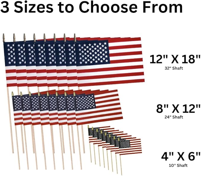 American Flags on Stick - Handheld Spearhead US Flag for 4th of July, Memorial Day Event Decorations - Patriotic Decor for Indoors & Yard - Wooden Stick, Cotton Fabric (12" X 18" - 144 Pack)