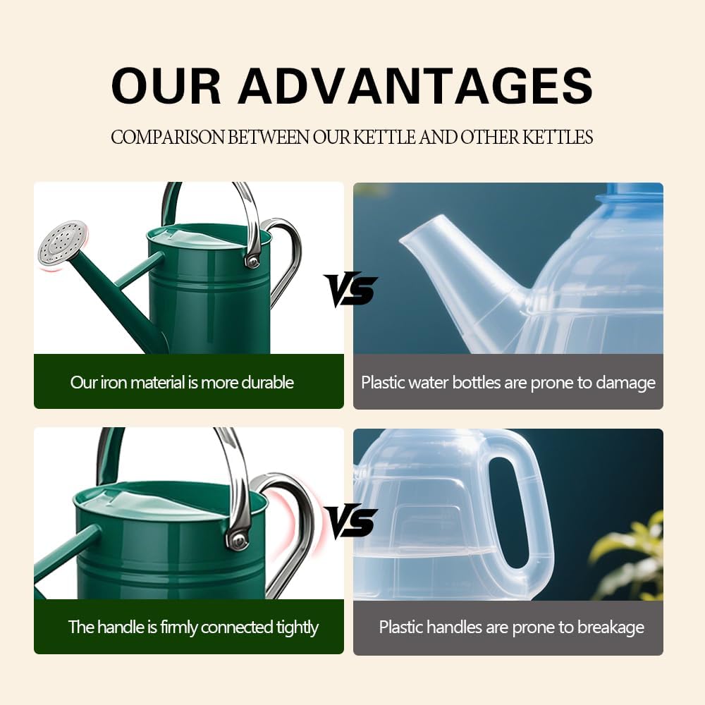 Metal Watering Can for Outdoor and Indoor Plants, Watering Can Decor, 1 Gallon (Green Stainless Steel Handle)