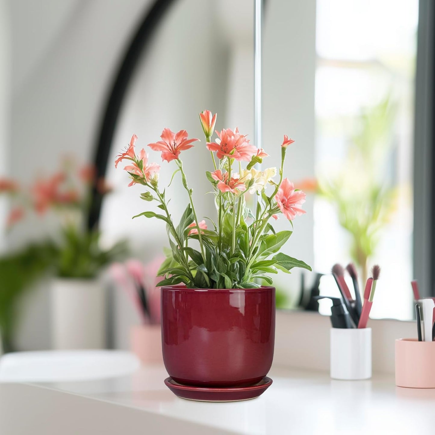 Ceramic Plant Pot - 5 Inch Modern Round Planter for Indoor Plants with Drainage Hole and Saucer, Patio Office House Room Bathroom Decor, Red