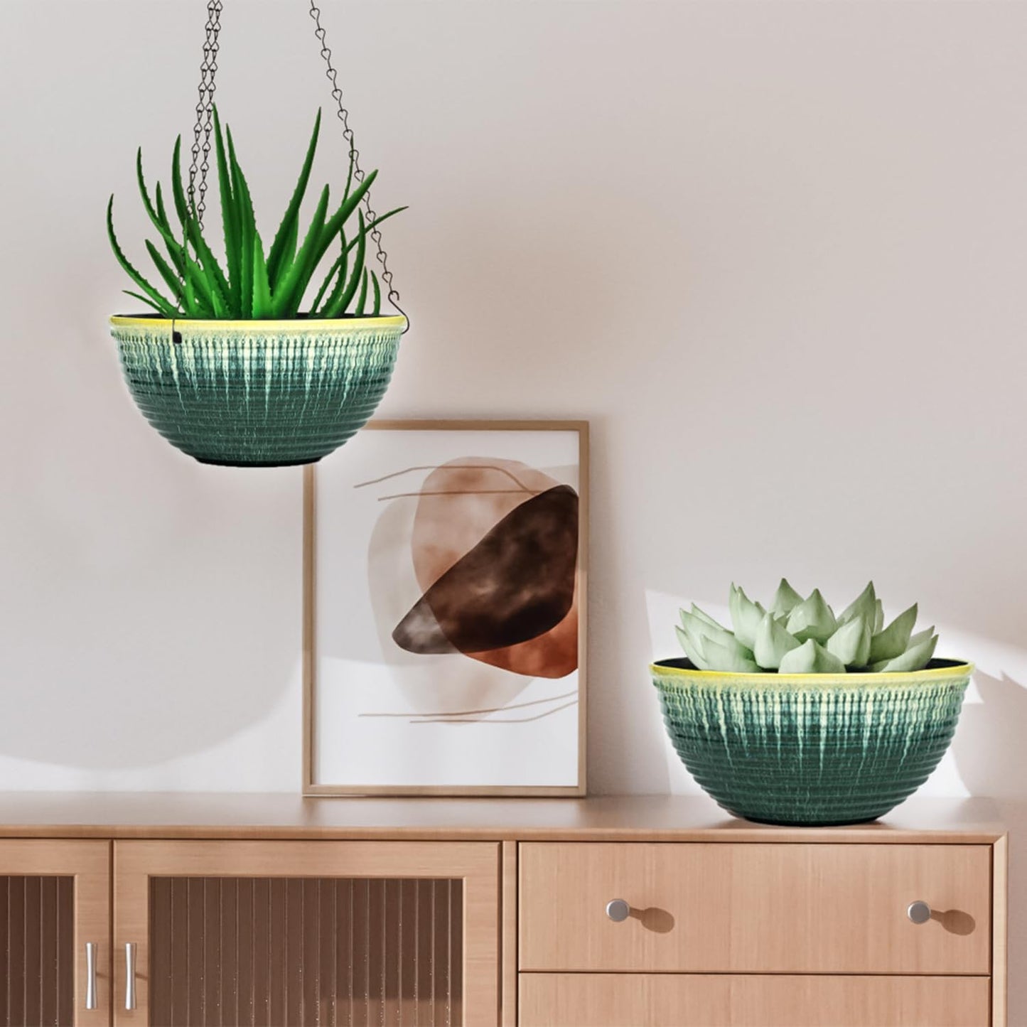 10in Hanging Planters for Indoor and Outdoor Plants, 2 Pack Hanging Planter with Drainage Hole, Round Hanging Flower Pots for Garden Home Decor (Green Glaze)