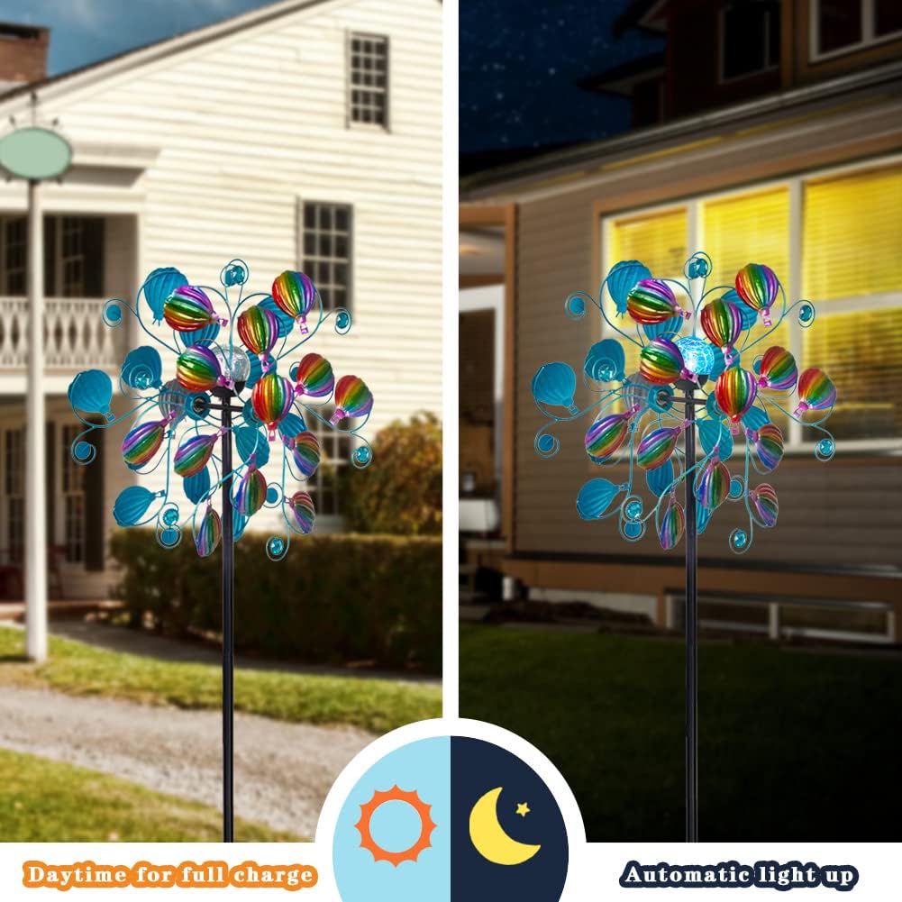 Solar Wind Spinners Outdoor,Hot Air Balloon Wind Spinner with LED Glass Ball,Muti-color Wind Spinners for Yard and Garden,Pinwheels Kinetic Wind Spinner,Wind Sculptures & Spinners for Pathway