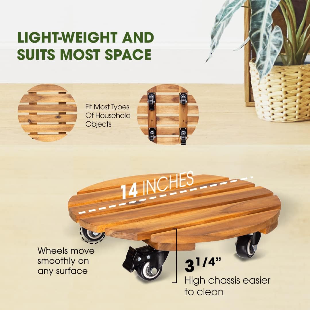 Idzo 2-Pack 14 Inch Acacia Wood Rolling Round Plant Caddy, Plant Caster for Heavy Duty Plant Stand with 360° Lockable Wheels, 264 lbs Capacity Caddy for Indoor and Outdoor Use, Natural Wood