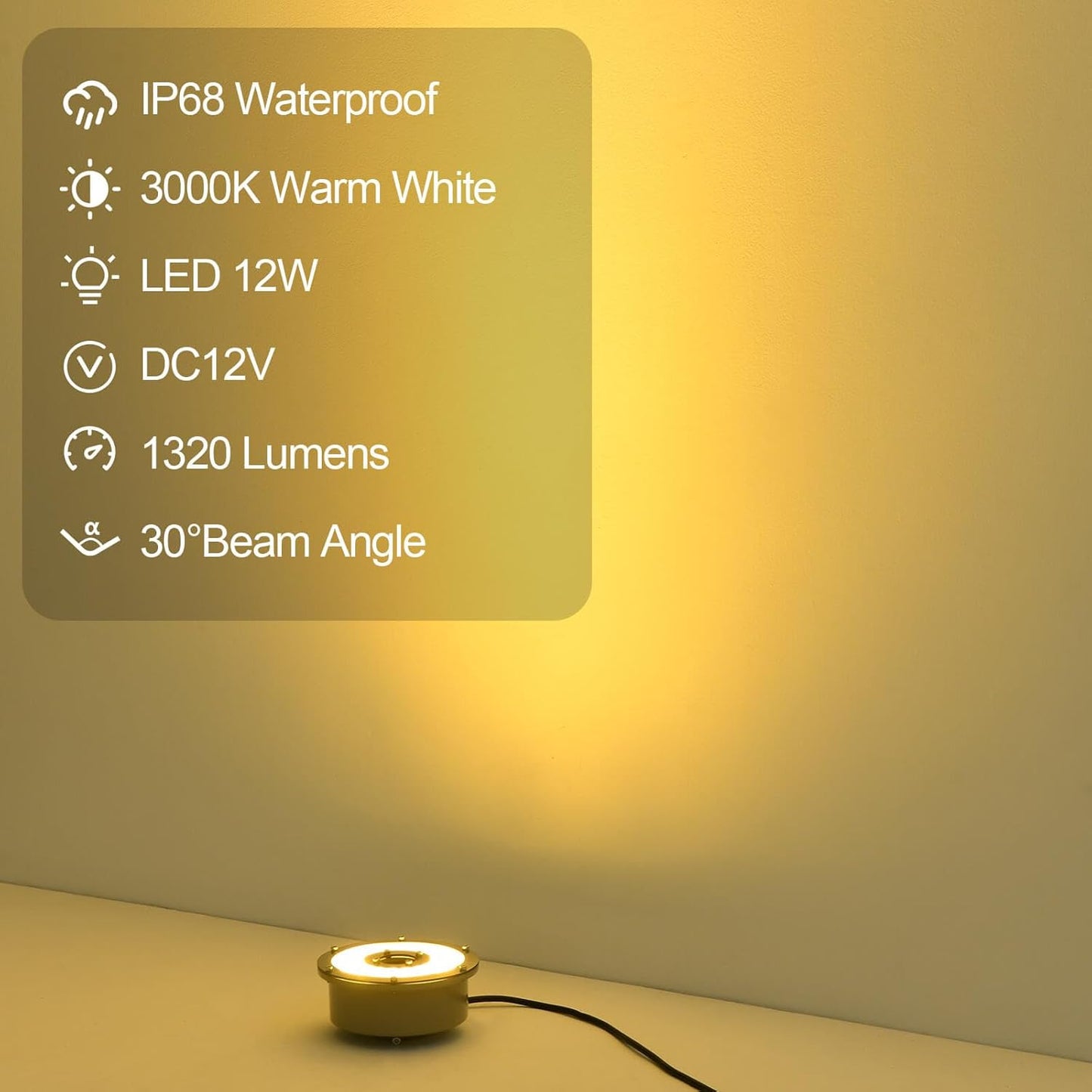 Fountain Light 12W 12V DC Warm White Waterproof Grade IP68 LED Spot Light Landscape Lighting Suitable for Fountains, Waterfalls,Pond and Grass Land(Not Include 12V Transformer)