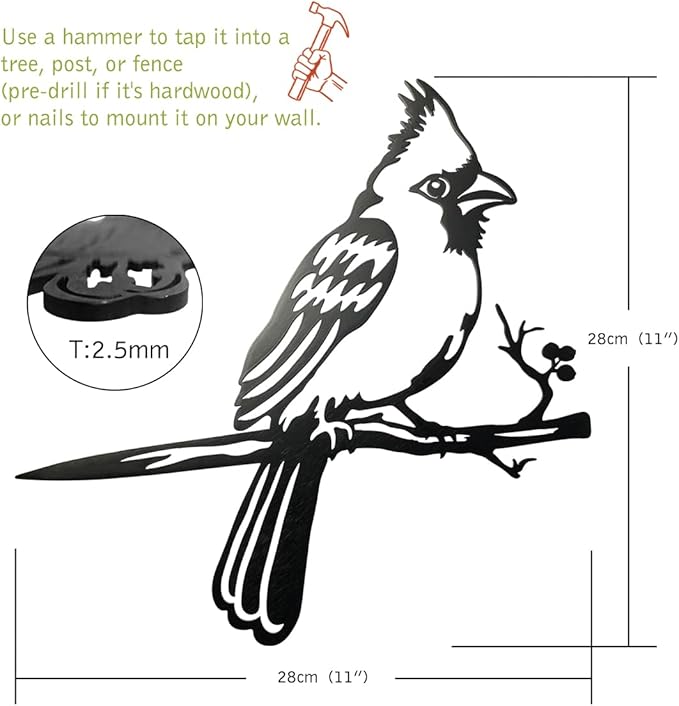 Metal Bird Christmas Cardinal Garden Decor,Tree Decor Outdoor Metal Wall Art Large,Cardinal Gifts Figurine Unique Yard Art,Garden Silhouette ,Garden Sculptures and Yard Art