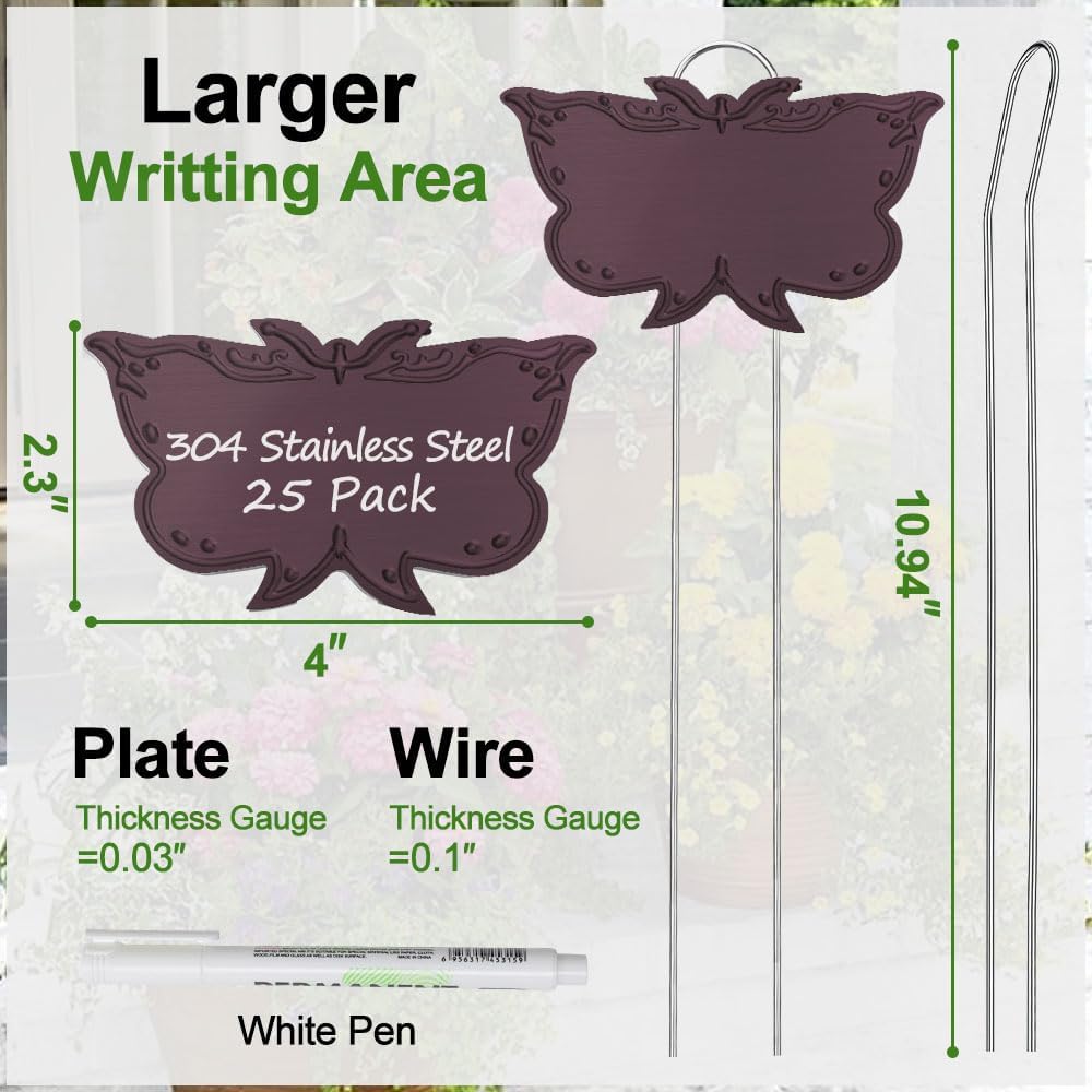 Metal Plant Labels, Tall Outdoor Butterfly Garden Markers for Flowers, Fruits and Vegetables, 304 Stainless Steel Weatherproof Signs (25 Packs, 4" x 2.3", Purplish Red Butterfly Design)