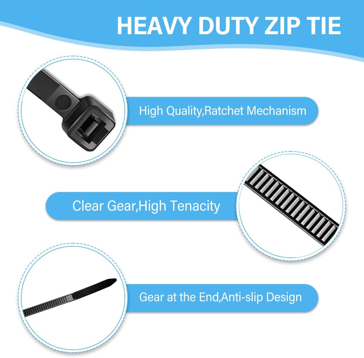 10 Inch Zip Cable Ties (100 Pack), Heavy Duty Cable Ties with 150lbs Tensile Strength, Multi-Purpose Adjustable Black Zip Ties, UV Resistant Indoor and Outdoor for Home, Office, Workshop