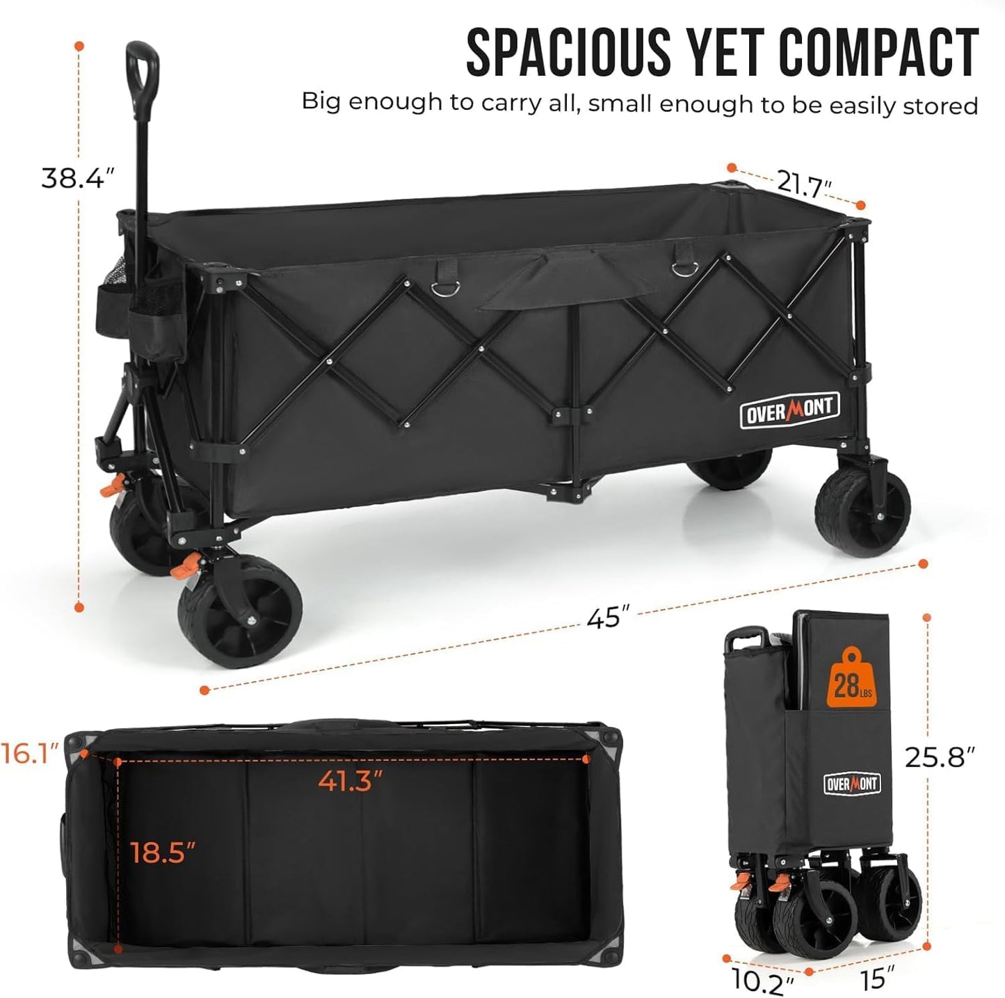 Overmont 45'' Collapsible Foldable Extended Wagon Cart - 300L Heavy Duty 440lbs Large Capacity Folding Utility Wagon with All-Terrain Wide Wheels for Camping Sports Grocery Picnic