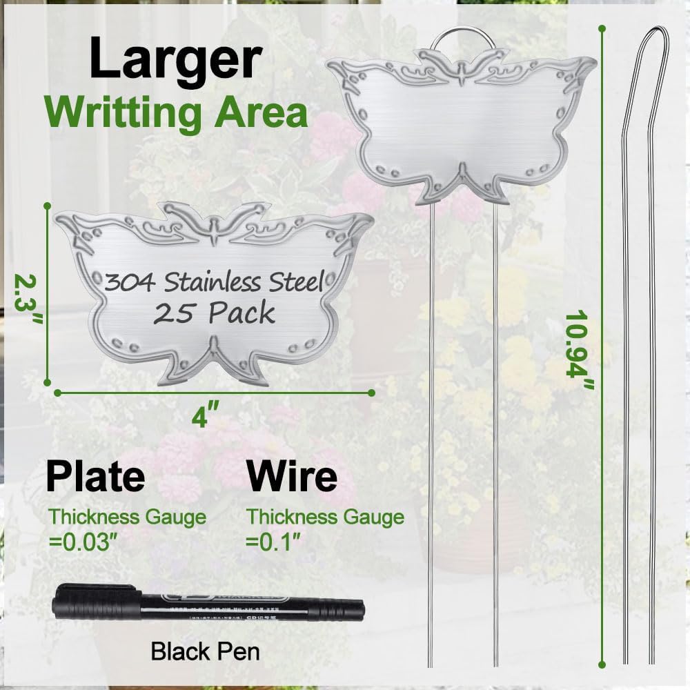 Metal Plant Labels, Tall Outdoor Butterfly Garden Markers for Flowers, Fruits and Vegetables, 304 Stainless Steel Weatherproof Signs (25 Packs, 4" x 2.3", Silver Butterfly Design)