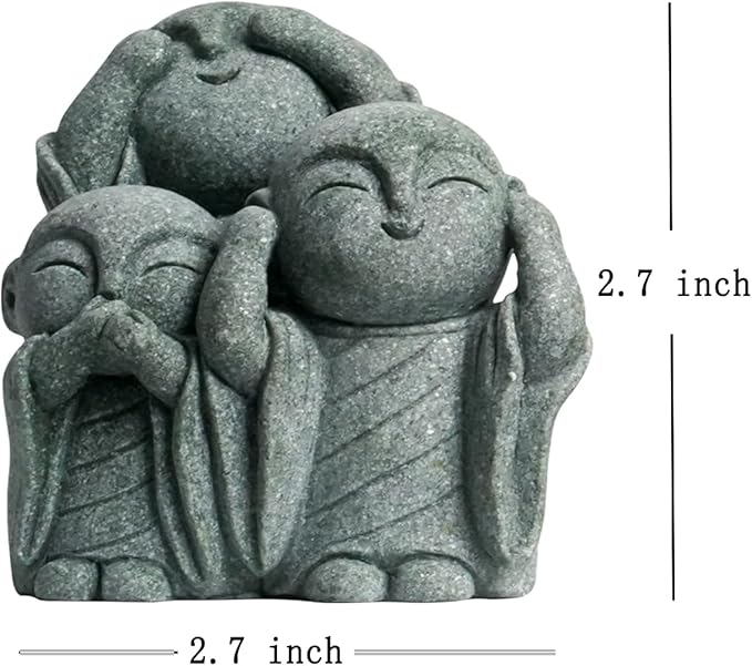 OwMell 3 Japanese Jizo Statue Stone Japanese Buddha Jizo Monk Statue Figurine Memorial Statue Aquarium Decoration Garden Outdoor Ornament 3"" - No Evil, Gray