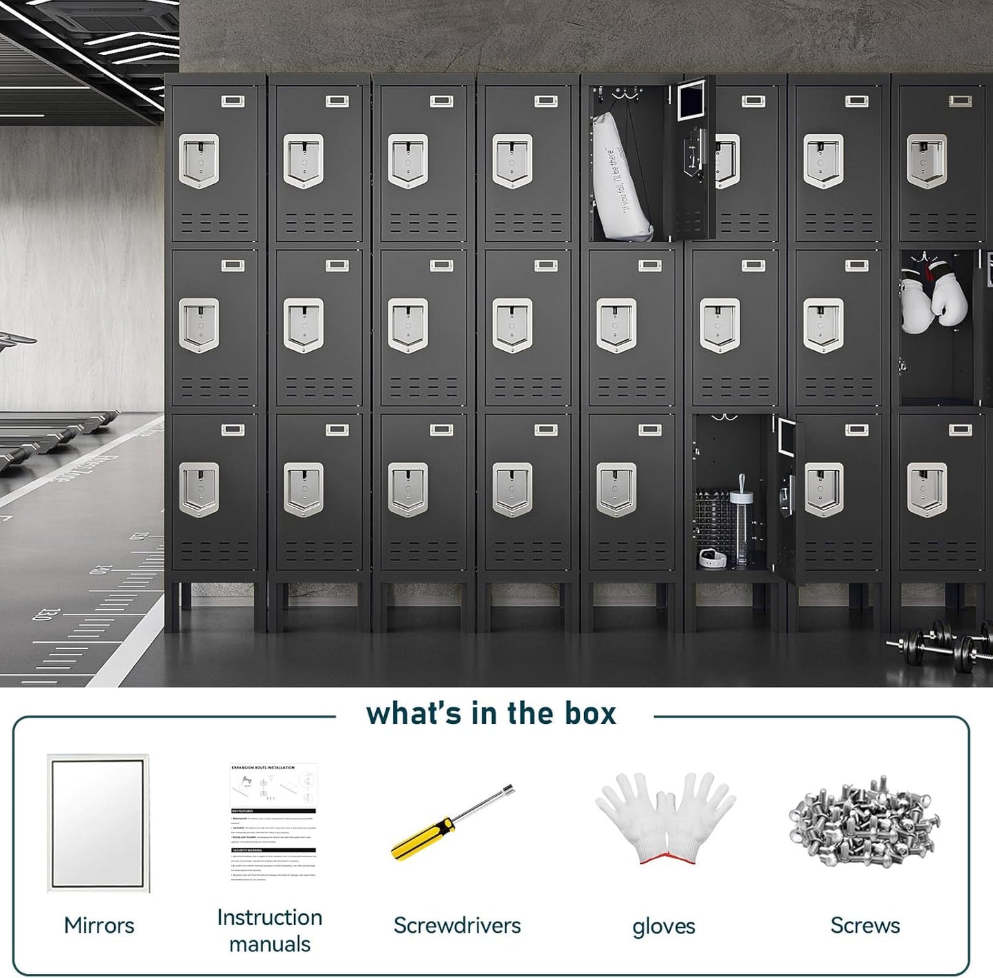 Metal Lockers - 66" Height Steel Lockers for Employees with 3 Door Storage Locker with Card Slot for Employees Gym School Home Office Garage - Assembly Required