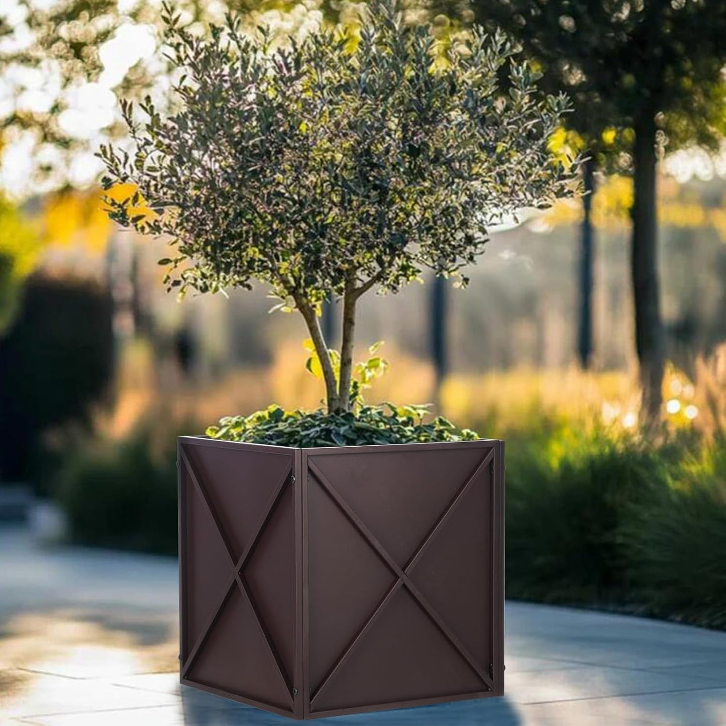 Metal Square Planter Box Tall Planters for Outdoor Plants Modern Heavy Duty with Drainage Holes for Outside Indoor Patio Deck - Brown, 17”x 17”x 18”
