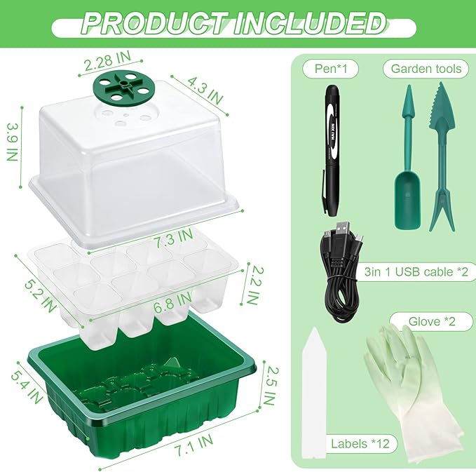 Lunies 6 Packs Seed Starter Tray with Grow Light, Indoor Greenhouse Seeding Starter Trays for Planting, Base Gardening Plant Germination Kit, Seed Starter Kit with Humidity Domes, (12 Cells per Tray)