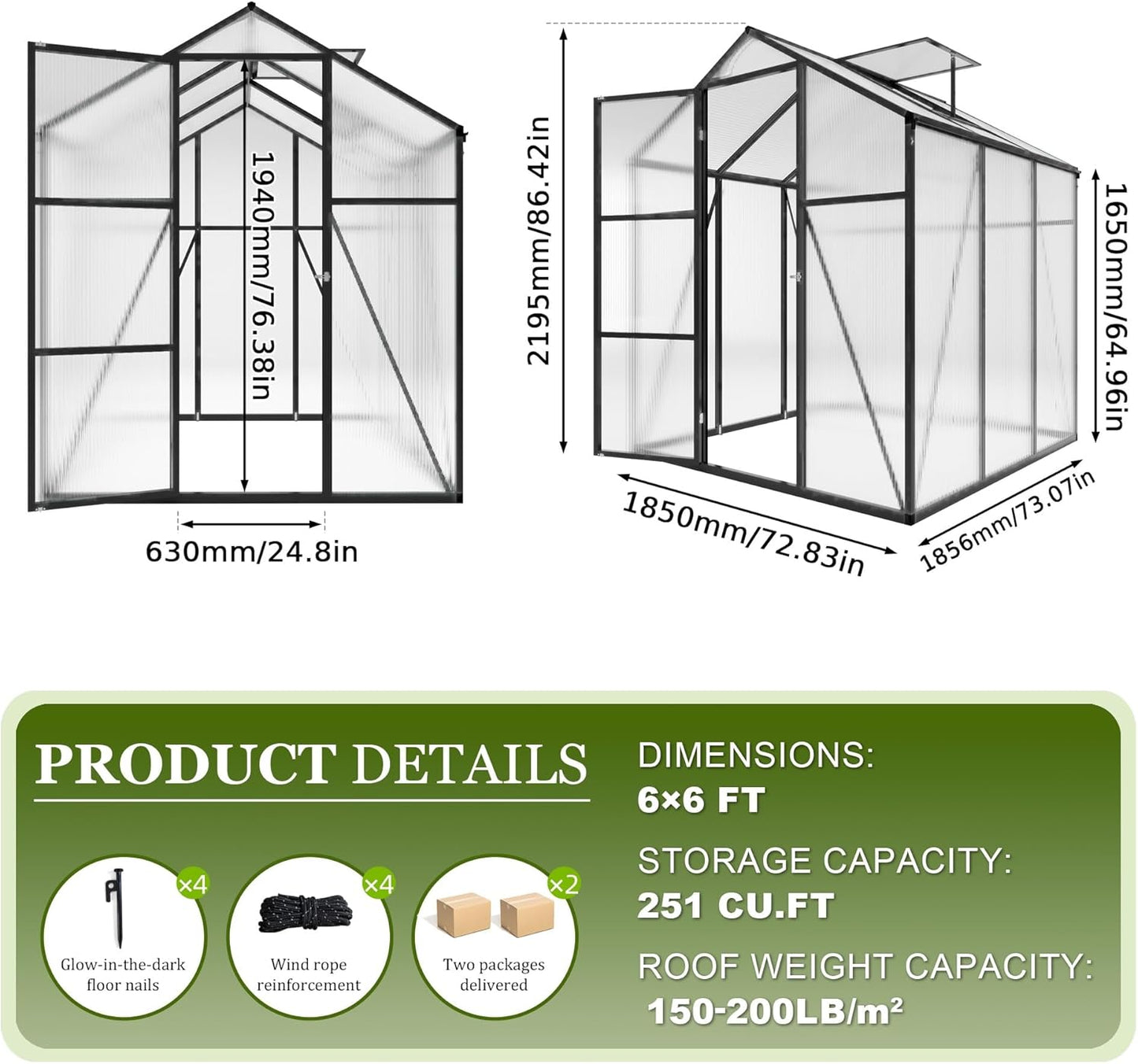 7.2FT High 6*6.2FT Greenhouse for Outdoors,Polycarbonate Greenhouse with Stronger Wind Protection and Roof Vent,Walk-in Large Aluminum Sunroom Winter Proof,Black