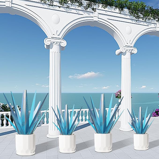 Enlarge Metal Plants Tequila Rustic Sculpture, Outdoor Patio Yard, Home Decor Hand Painted Agave Garden Statue, Outdoor Lawn Ornaments Yard Stakes for Mom Gift (1 Big Blue)