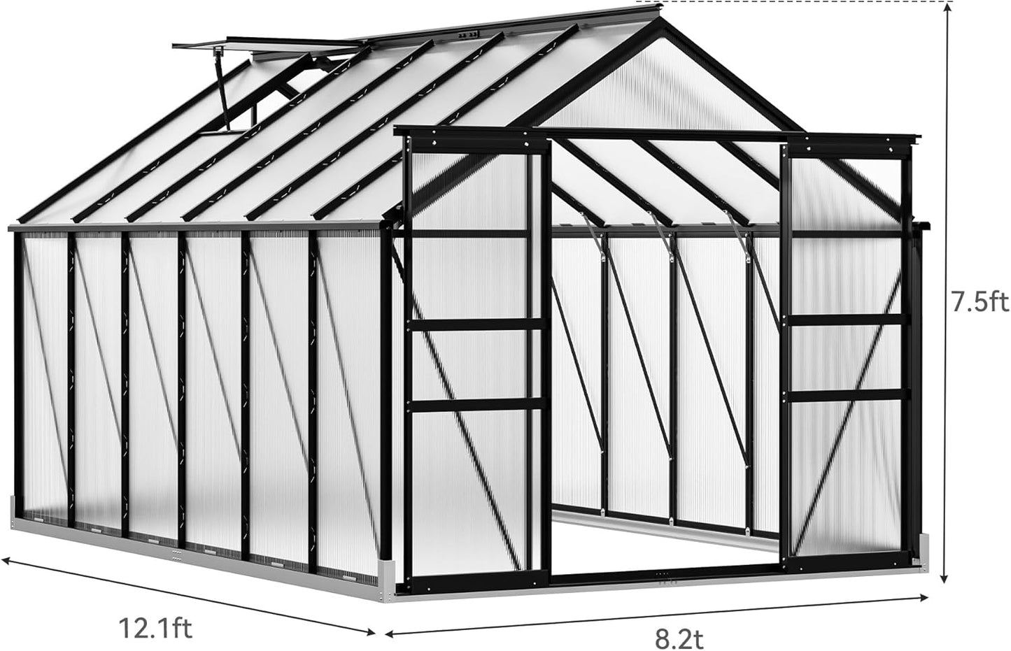 YITAHOME 12x8FT Polycarbonate Greenhouse Large Heavy Duty Green Houses Outdoor Aluminum Greenhouses with Sliding Doors Vent Window Walk-in Greenhouse for Garden Backyard, Black