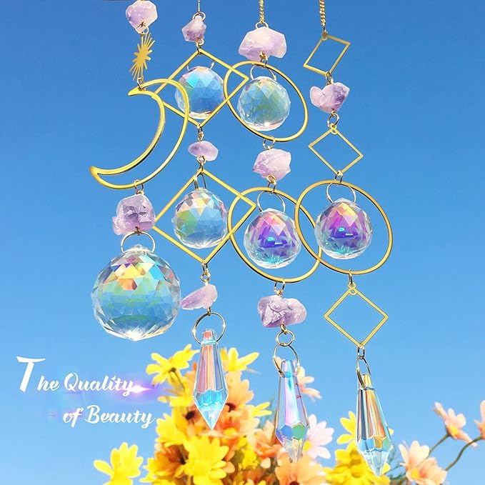 Crystal Suncatcher Rainbow Maker Hanging Prism Ornament Pendant Home Garden Car Decoration 4 Pack Gift Kit Sun Catchers Indoor Window, 13.8 Inch