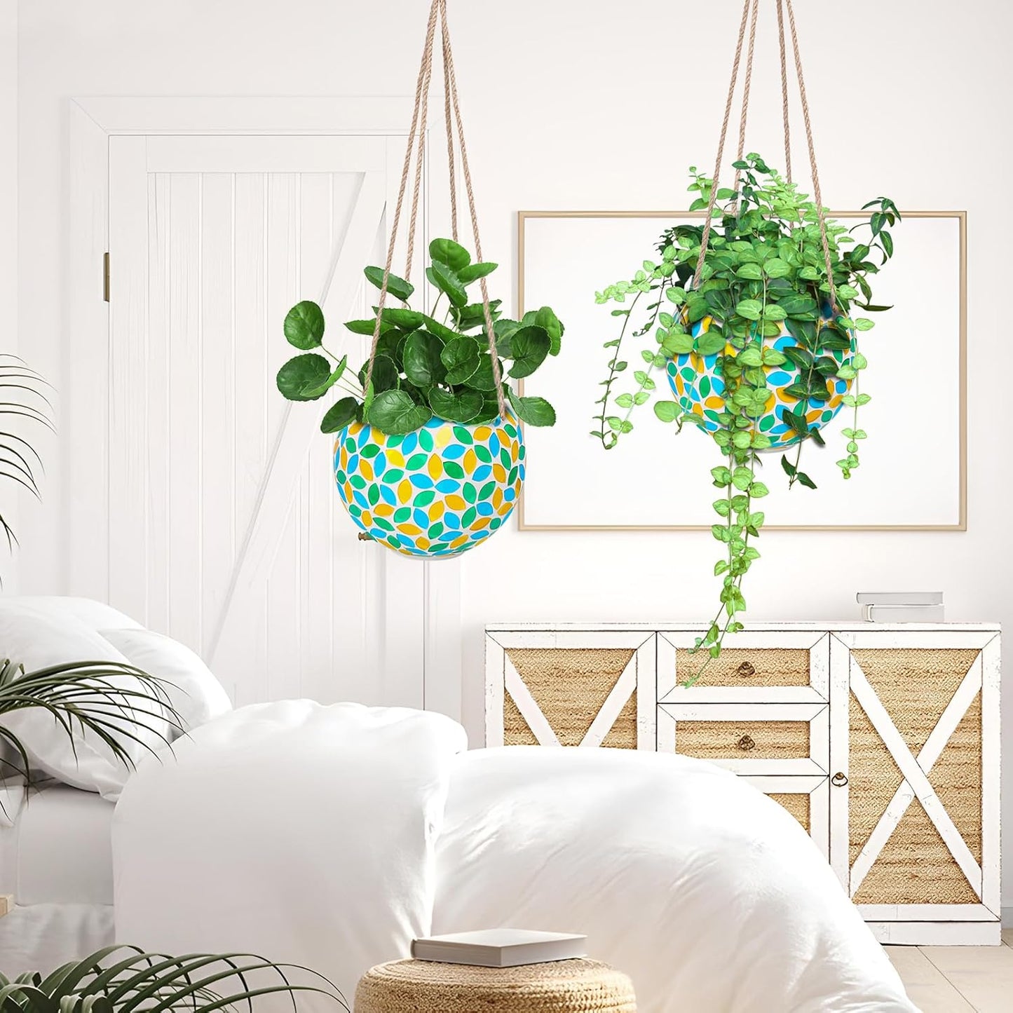 Hanging Planter Mosaic Garden Pot Small Flower Pot for Indoor Plant Disco Ball Hanging Planter with Drainage Green Yellow