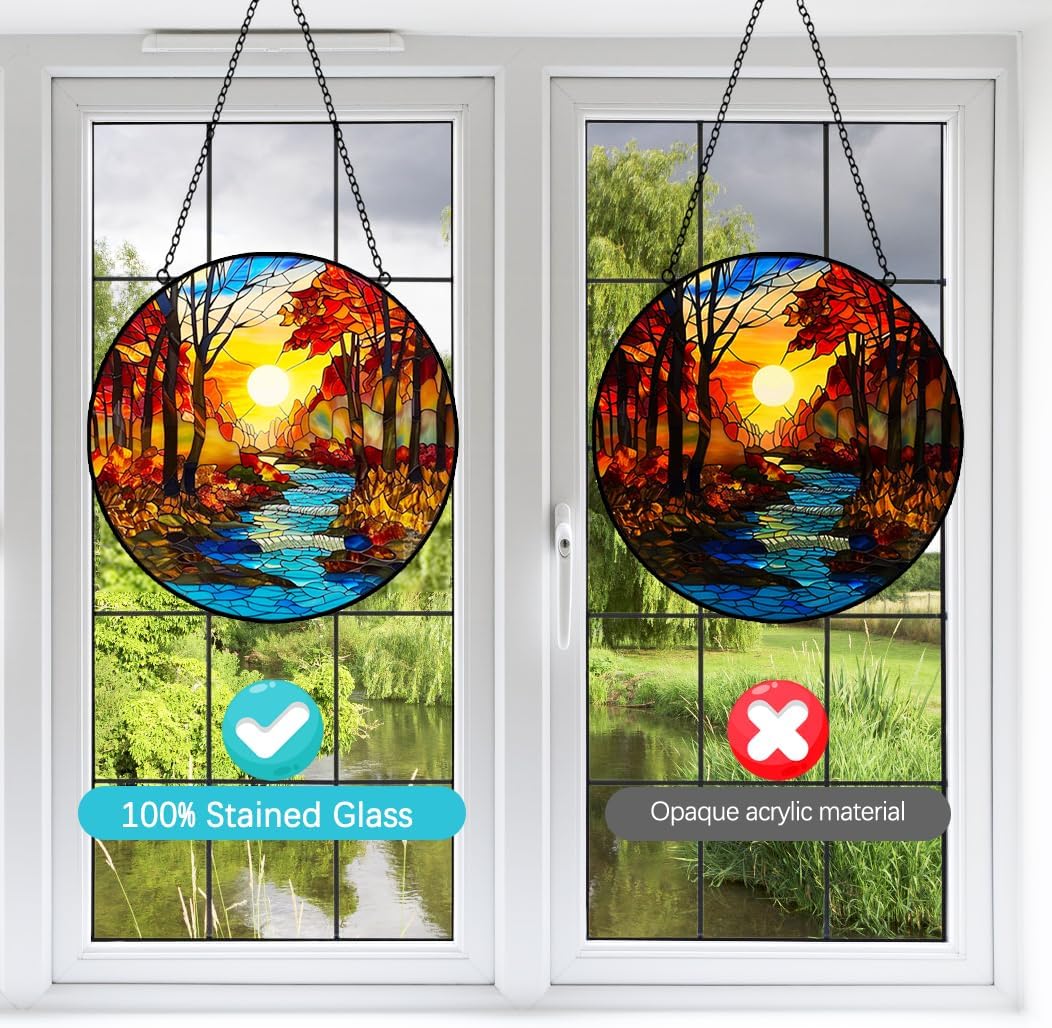 Fall Decor Sunrise Tree and River Landscape Stained Glass Suncatcher for Window Hanging - Mountains Sun Catchers Diamond Glass Panel Hangings Wall Decor - Birthday Gift for Mom Grandma Nature Lovers