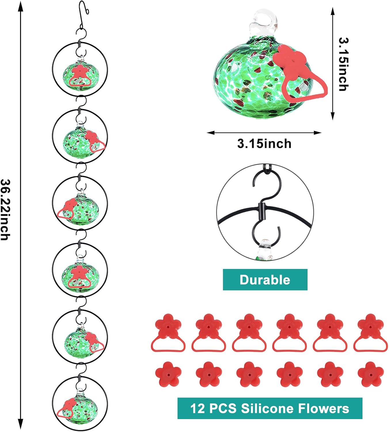 Flexible 6 Pack Hummingbird feeders for Outdoors Hanging Ant and Bee Proof,Detachable Hand Blown Glass Hummingbird Feeder with 6 Adjustable Silicone Perch(Green)