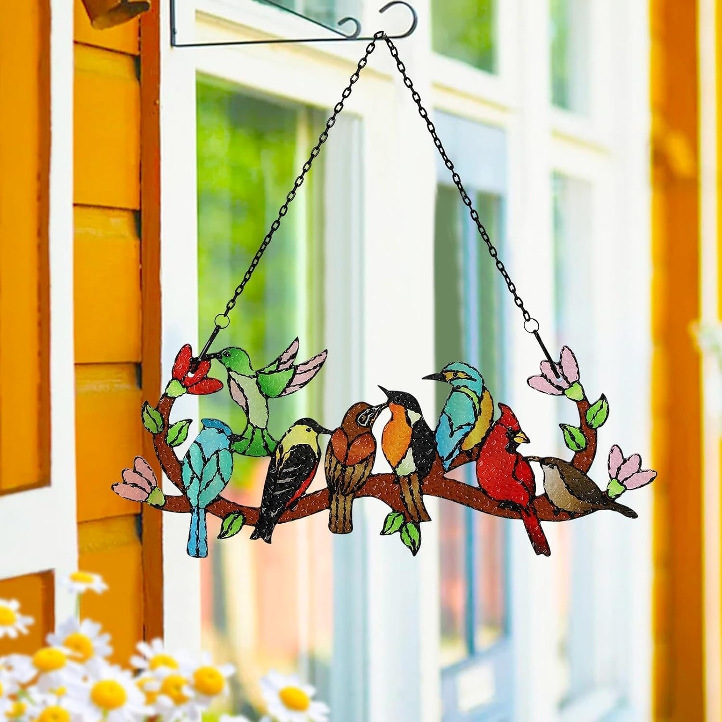 Huray Rayho Birds On Branch Stained Glass Suncatcher Cardinal Hummingbird Kingfisher Double Side Glass Panel Window Hanging Decor Bird Ornament Bird Lover Gift for Mom Grandma