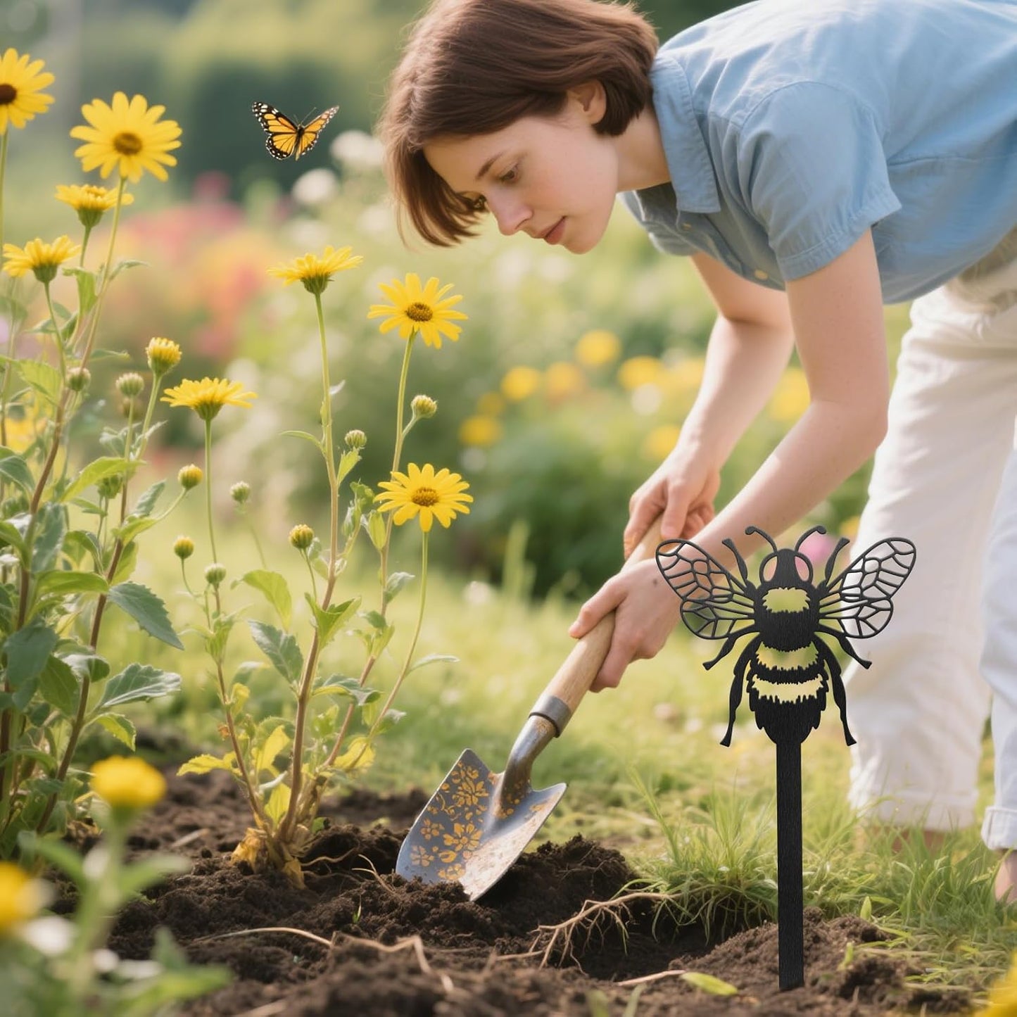 CUTHOLLOW Metal Plant Marker Stake Bee for Outdoor Indoor, Waterproof 11.8 inch Cute Garden Plant Labels Sign Tag for Vegetables, Farmhouse Greenhouse Decor - Funny Gardening Gifts