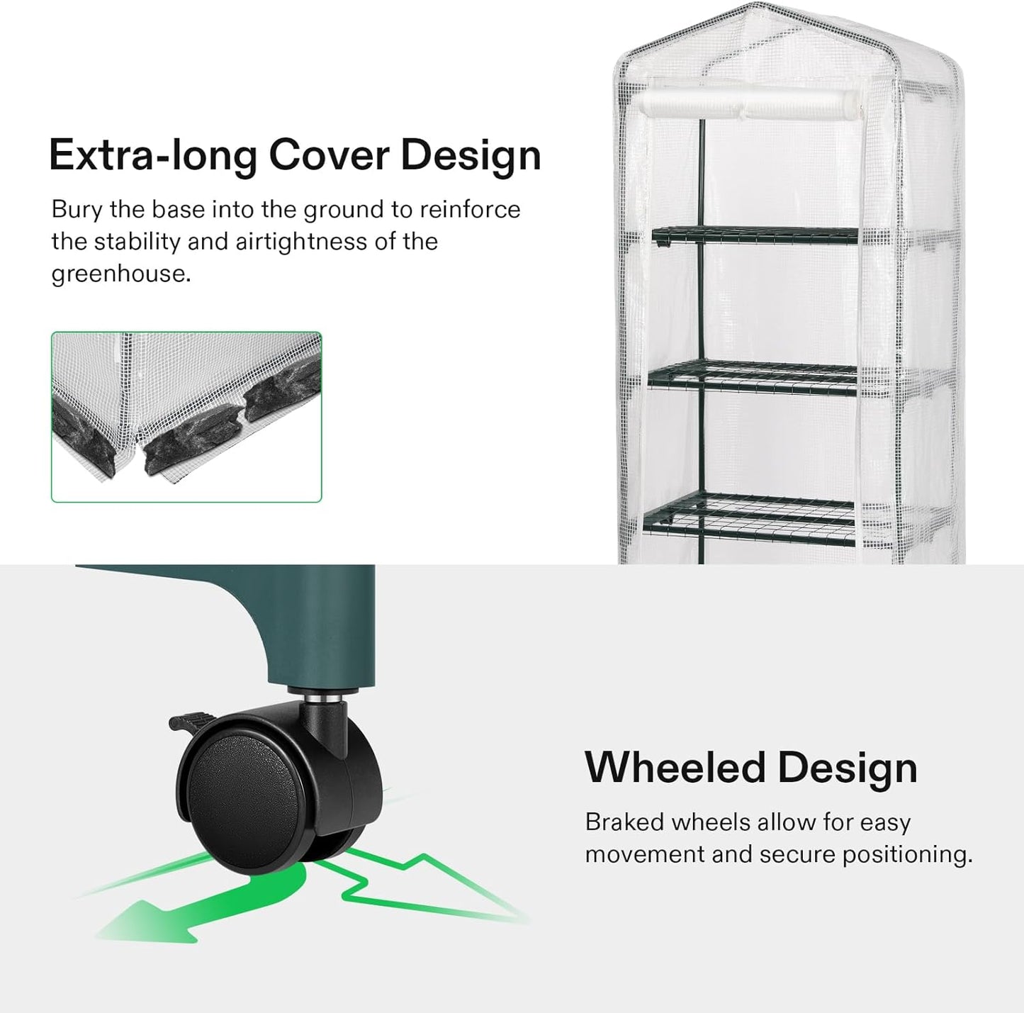 VIVOSUN Mini 4-Tier Greenhouse with Wheels, 27 x 19 x 63-Inch Reusable Portable Warm House with White PE Cover and Shelf for Compact Garden and Small Backyards, with Wheels