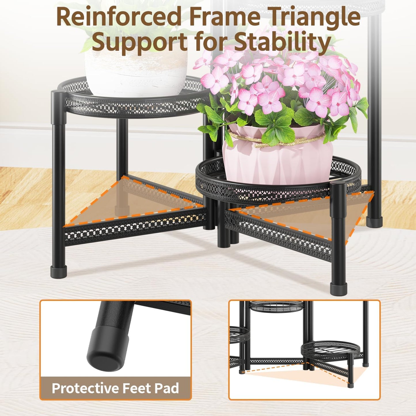 LASZOLA 5 Tiered Folding Tall Plant Stand for Indoor Outdoor Corner, Larger Heavy Duty Metal Adjustable Multiple Rack with 10 Inch Wide Hollow Tray, Flower Planter Holder for Modern House Patio, Black