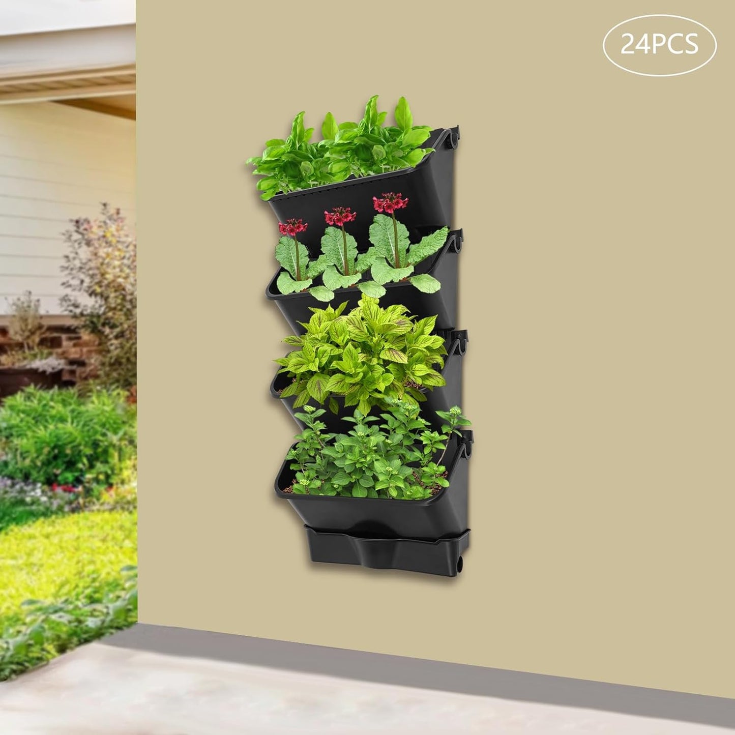 Vertical Wall Planter with 24 Pots, Hanging Garden Plant Flowerpot Holder, Stackable Wall-Mounted Planter, Balcony Planters for Flowers Vegetables Fruits (Black, 24 Pots+6 Drainage Planters&Pipe)