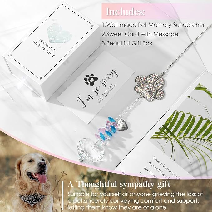 Pet Memorial Sun Catcher,Dog Passing Away Gifts,Pet Loss Sympathy Gift,Rainbow Bridge Paw Crystal Suncatcher,Thoughtful Cats and Dogs Remembrance,Bereavement Gifts