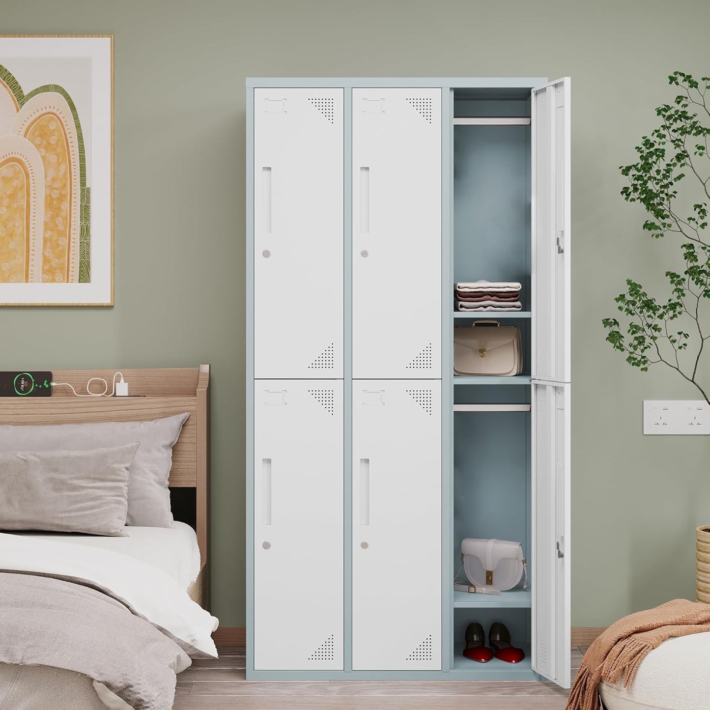 Metal Locker with 6 Doors Employees Locker, Metal Storage Locker with Hooks, 71" Storage Cabinet Lockers for Employees, Home, Office, Gym Requires Assembly (Grey White)