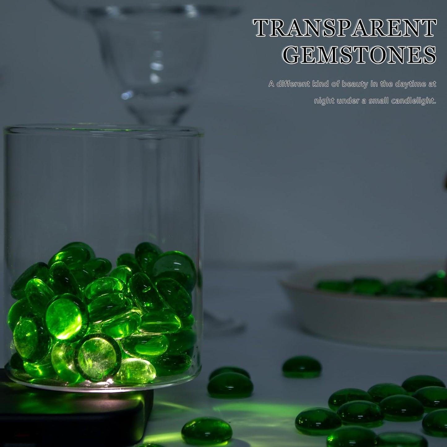 Meschett 50PCS Mini Glass Gems,Green Mancala Stones Flat Bottom Marble Beads for Home Decorative Art Craft Vase Filler(0.5"~0.7")