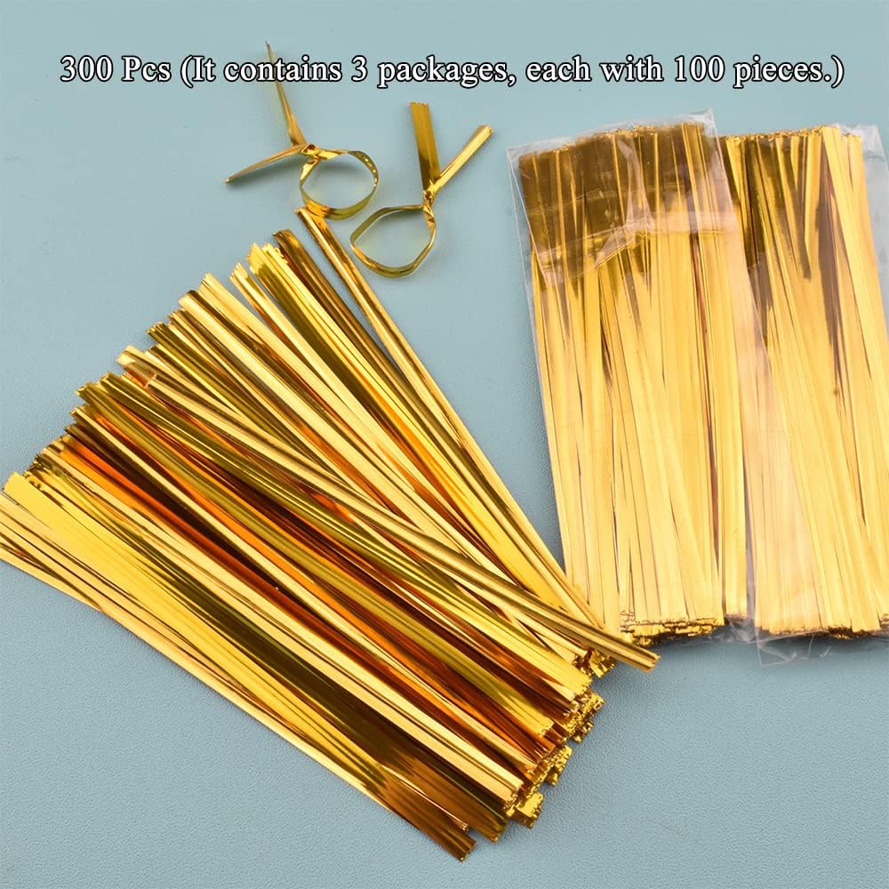 HAHIYO 300Pcs 4 inches Gold Metal Twist Ties Bread Candy Coffee Bag Ties Plant Garden Twist Ties for Cellophane Treat Bags Gift Wraping Bags Plastic Bags Halloween Party Cake Present Art Crafts