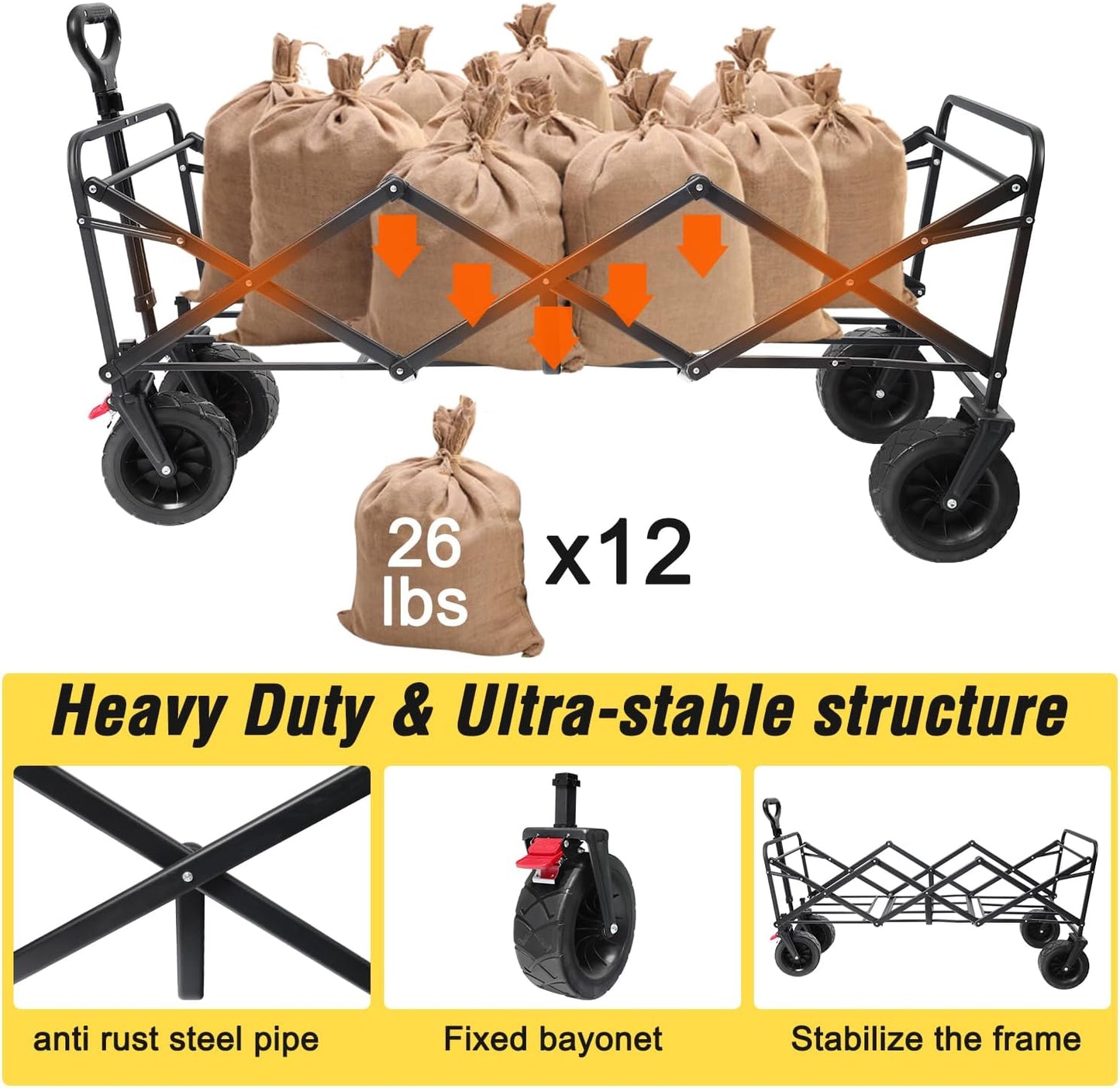 Beach Cart Large Capacity, Heavy Duty Folding Wagon Portable, Collapsible Wagon for Sports, Shopping, Camping Collapsible Foldable cart (Black, 1 Year Warrant)