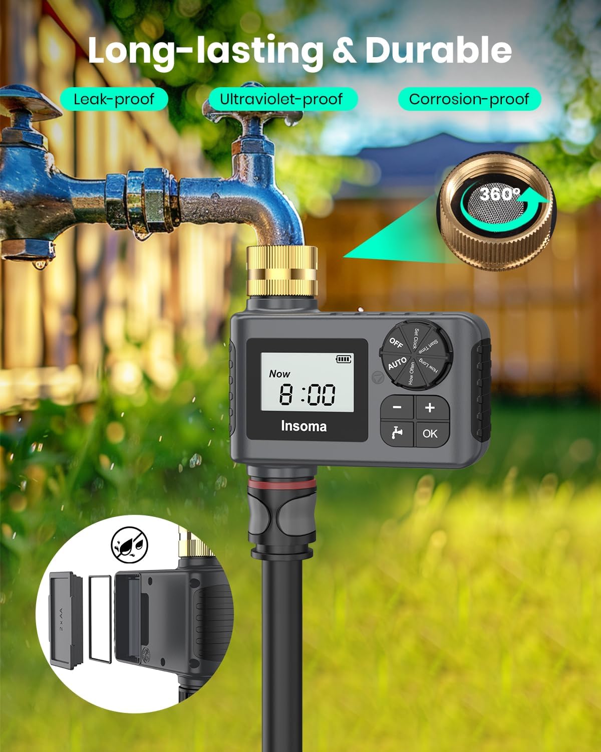 Sprinkler Timer with Brass Swivel, Programmable Water Timer for Outdoor Garden Hose, Hose Timers with Rain Delay/Manual/Auto Mode, Drip Irrigation and Lawn Watering System, 1 Outlet